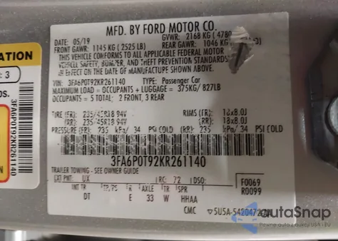 2019 Ford Fusion Se из США, поврежденный, VIN 3FA6P0T92KR261140